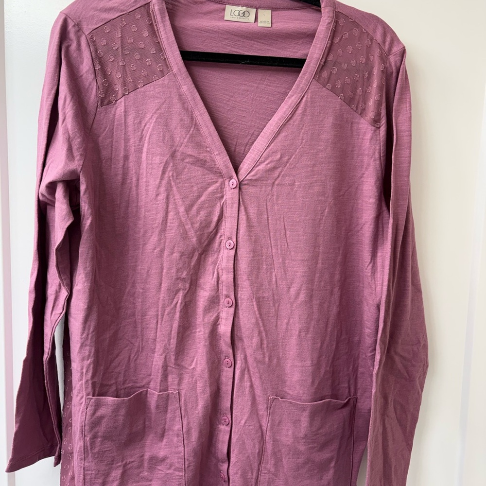 LOGO by Lori Goldstein Purple Regular Knit Cardigan with Clip Dot Trim SZ L